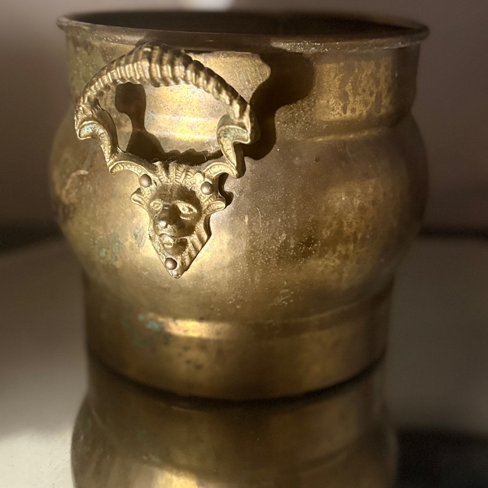 Vintage 10” brass lions head handle pot